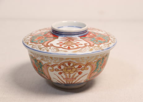 明治前期色絵団龍と牡丹図通り物蒸茶碗①5客組