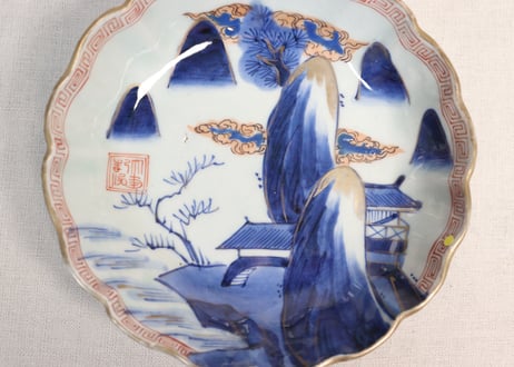 江戸幕末色絵山水図大なます皿②ノミホツ