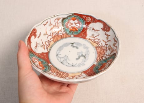 明治前期色絵籠目に芦と水鳥図なます皿①