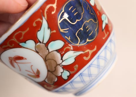 江戸幕末色絵牡丹と青玉に蝙蝠図向付 歪み