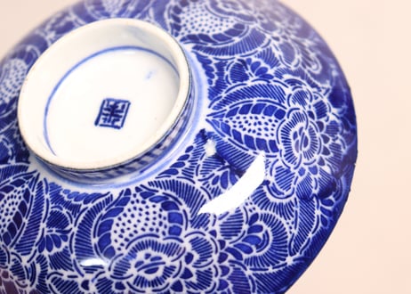 明治前期紙刷牡丹図蓋茶碗