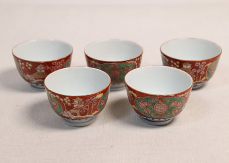 明治前期色絵屋敷と花図煎茶碗　5客組