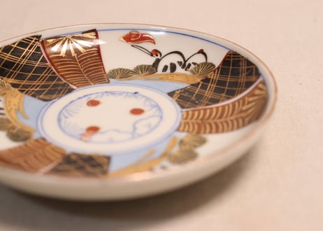 大正~昭和戦前色絵松鶴図小皿②高台ホツ