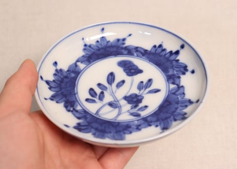 明治前期染付草花と五方に花図小皿