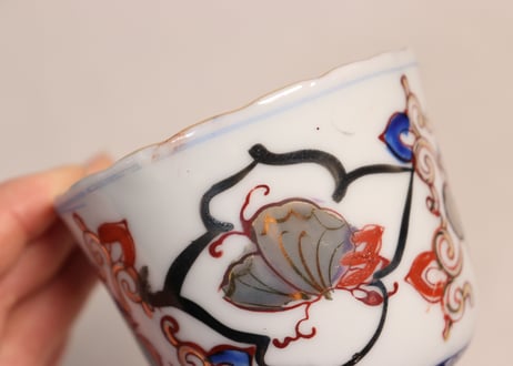 大正~昭和戦前銅印判色絵蝶と牡丹図通り物向付