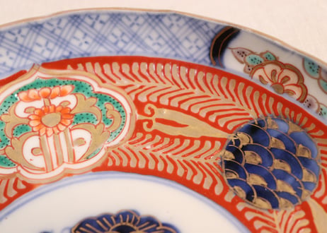 明治前期色絵青玉に青海波と花図6寸皿