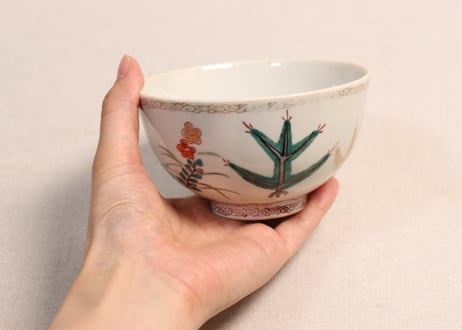 江戸中期色絵若松と草花に鈴虫図蓋茶碗①金彩擦れ