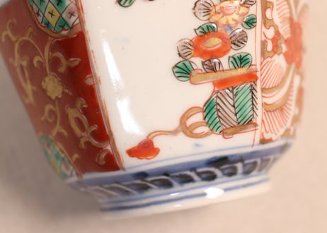 明治前期色絵花と唐草図六角向付
