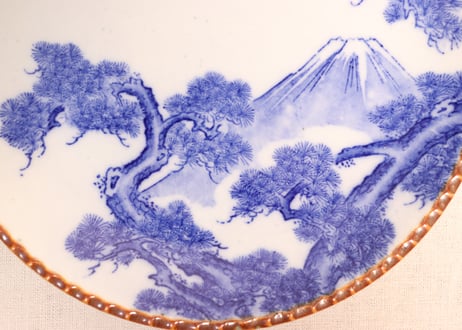 明治後期~大正銅判富士と松鶴図イゲ縁8寸皿