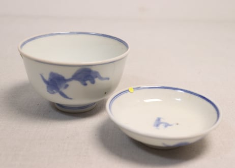 明治前期染付金魚図蓋茶碗②少甘手