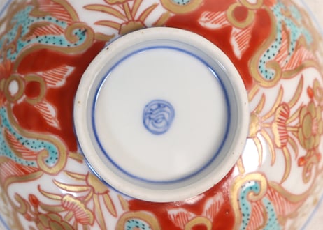 明治前期色絵団龍と牡丹図通り物飯茶碗①5客組