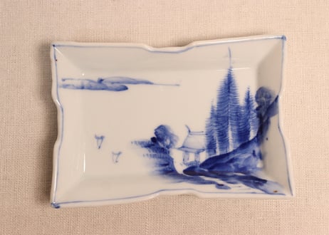 大正~昭和戦前染付山水図長角皿　少かたつき