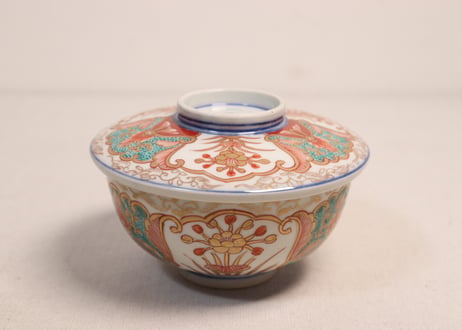 明治前期色絵団龍と牡丹図通り物蒸茶碗①5客組