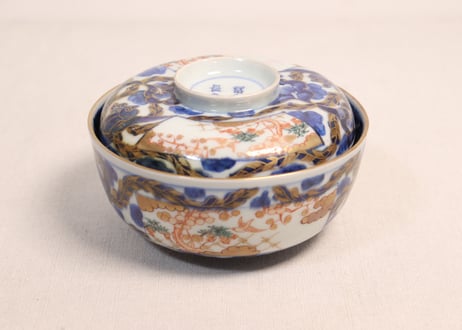 江戸後期色絵花と梅に鶯図大蓋茶碗　変色有り