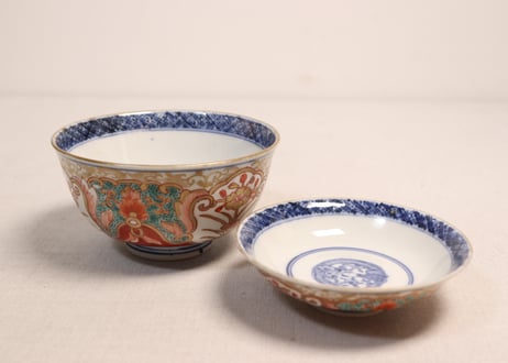 明治前期色絵団龍と牡丹図通り物飯茶碗②