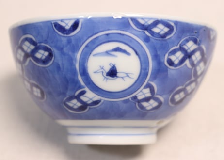 江戸幕末染付丸窓と七宝散らし図蓋茶碗
