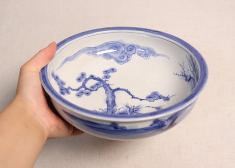 明治前期染付盆栽と山水図7寸鉢