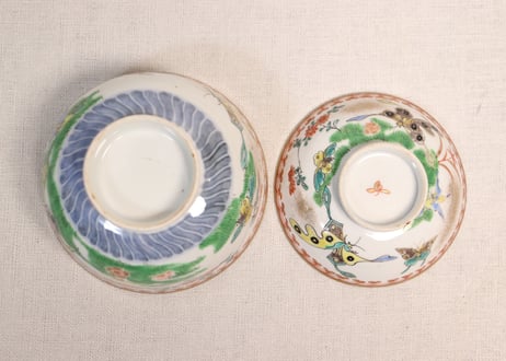 明治前期色絵花と蝶図通り物蓋茶碗②窯傷,フリモノ