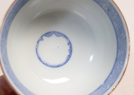 大正~昭和戦前ゴム判色絵牡丹と竹図通り物蓋茶碗
