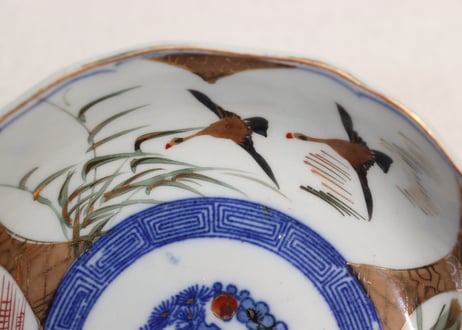 明治後期～大正色絵牡丹と水鳥に山水図通り物なます皿
