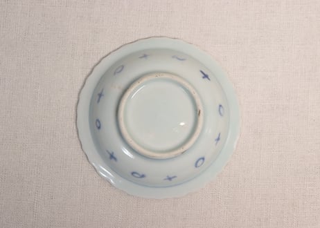 江戸後期染付梅花氷裂図鍔縁小皿5客組　共箱付