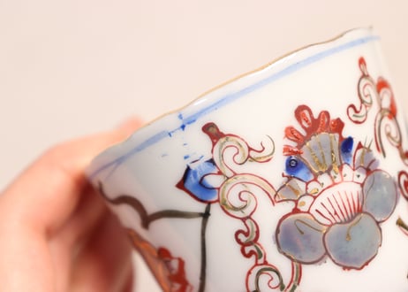 大正~昭和戦前銅印判色絵蝶と牡丹図通り物向付