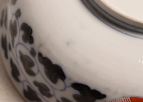 明治前期色絵青海波と格子図8寸鉢②かたつき,高台ホツ