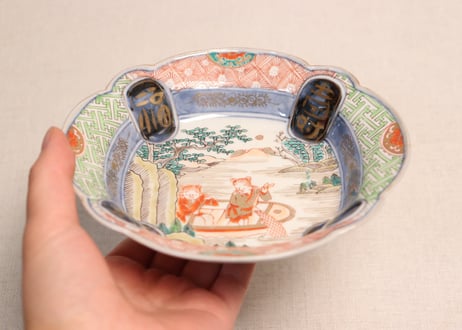 江戸幕末色絵漁師図四弁5寸深皿