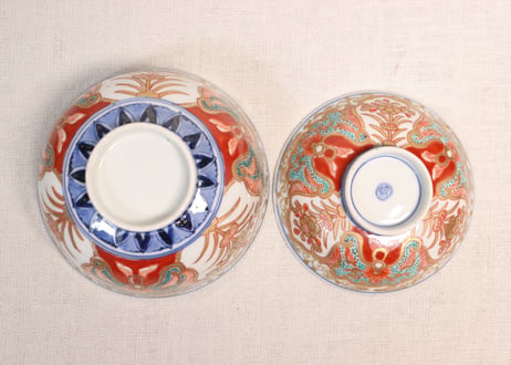 明治前期色絵団龍と牡丹図通り物飯茶碗①5客組