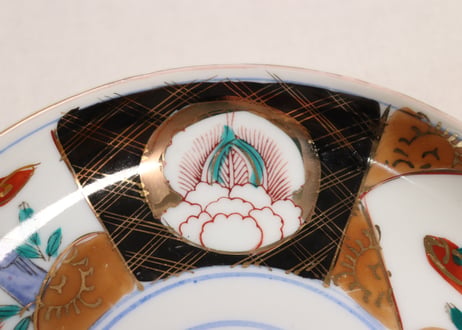 大正~昭和戦前ゴム判色絵牡丹と竹図通り物6寸皿