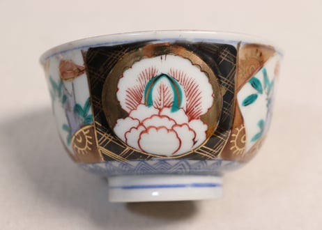 大正~昭和戦前ゴム判色絵牡丹と竹図通り物蓋茶碗