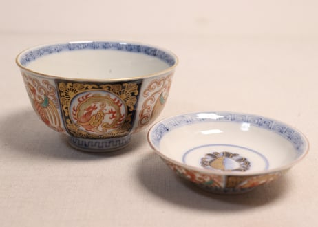 明治前期色絵龍と鳳凰図通り物蓋茶碗