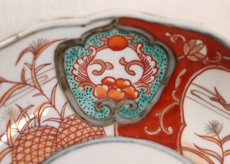 明治前期色絵籠目に芦と水鳥図なます皿①