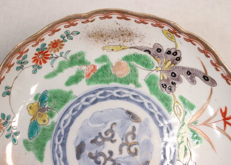 明治前期色絵花と蝶図通り物7寸皿