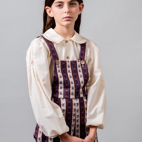 【birinit】Ivory gauze embroidered with lilac dmbroidery smocked shirt