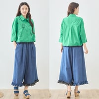 M〜L手描き風フラワースケッチ刺繍×裾配色切替7分袖シャツブラウス(N72-727)