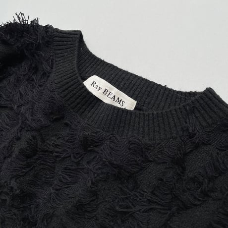 未使用品 / Ray BEAMS カットジャカードフリンジ クルーネックニット【ブラック】