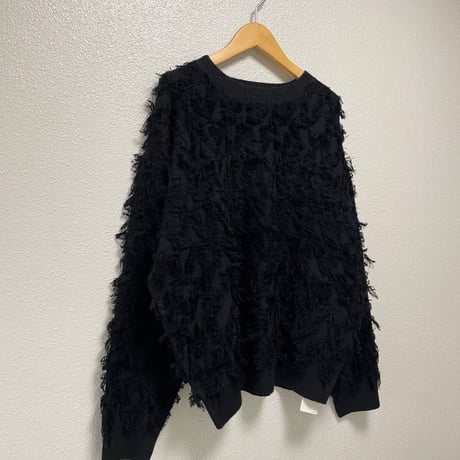 未使用品 / Ray BEAMS カットジャカードフリンジ クルーネックニット【ブラック】