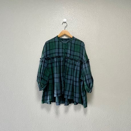 UNIVERSAL TISSU 東炊き リネン タータンチェック  バンドカラー ブラウス