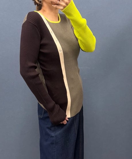 Pauline Bleu ポリーヌブロー マルチカラー配色 アシンメトリーリブニット