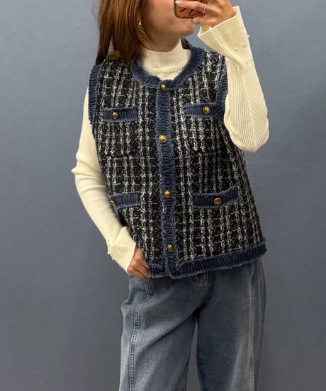 Pauline Bleu ポリーヌブロー　デニムフリンジ切替 ツイード風ニットベスト