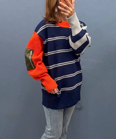 Pauline Bleu ポリーヌブロー　マルチ配色ボーダー切替ニットプルオーバー