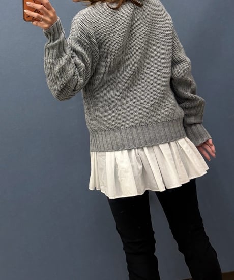 Dignite collier ディニテコリエ　ケーブル編みニット×フレアーシャツ切替アンサンブル