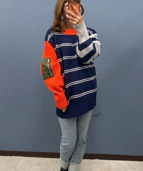 Pauline Bleu ポリーヌブロー　マルチ配色ボーダー切替ニットプルオーバー