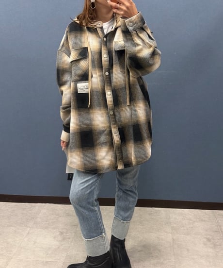 Pauline Bleu ポリーヌブロー　チェック柄 フード付きオーバーサイズシャツジャケット