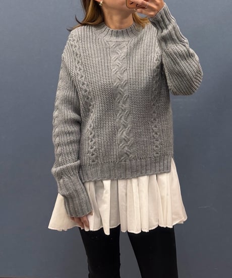 Dignite collier ディニテコリエ　ケーブル編みニット×フレアーシャツ切替アンサンブル