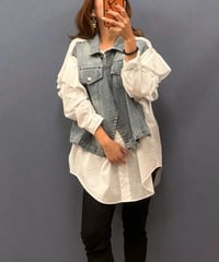 Pauline Bleu ポリーヌブロー　デニムドッキング フリルスリーブシャツ