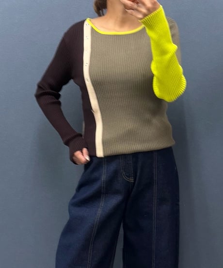 Pauline Bleu ポリーヌブロー マルチカラー配色 アシンメトリーリブニット