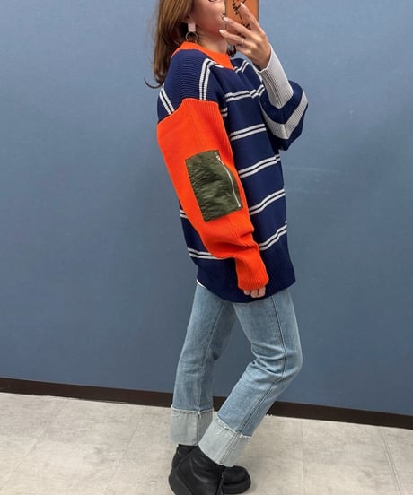 Pauline Bleu ポリーヌブロー　マルチ配色ボーダー切替ニットプルオーバー
