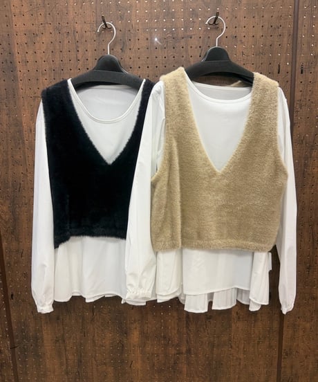 Uncarnet アンカルネ　シャギーニットベスト×バックプリーツブラウス 2点セット